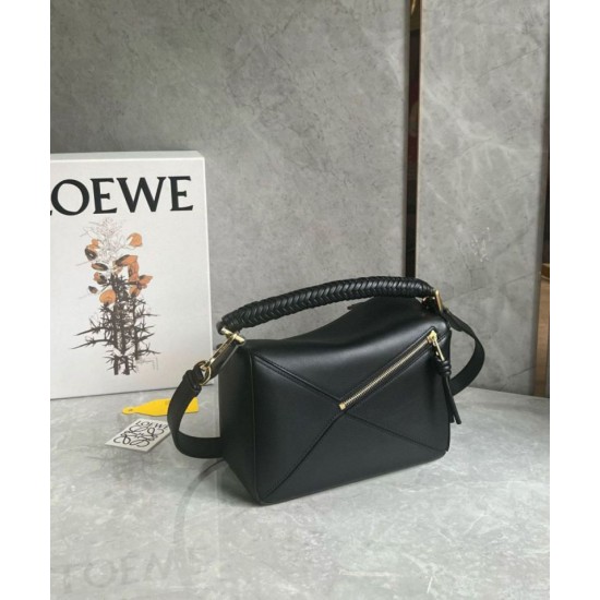 Fake Loewe Puzzle Small Bag Black Calfskin with Woven Handle Replica