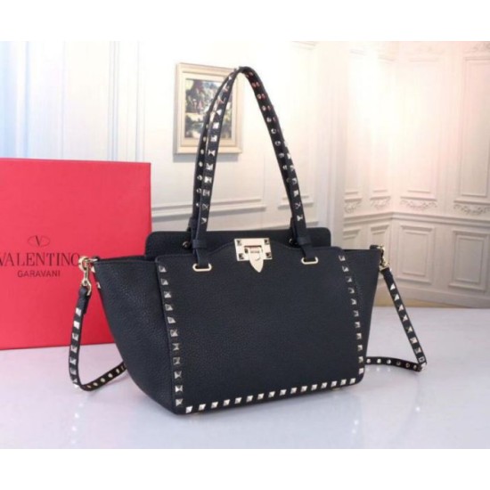 Replica Valentino Small Rockstud Tote Black Grain Calfskin