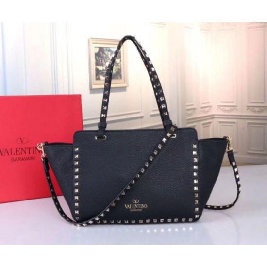Replica Valentino Small Rockstud Tote Black Grain Calfskin