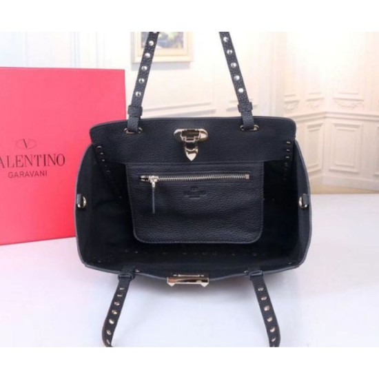 Replica Valentino Small Rockstud Tote Black Grain Calfskin