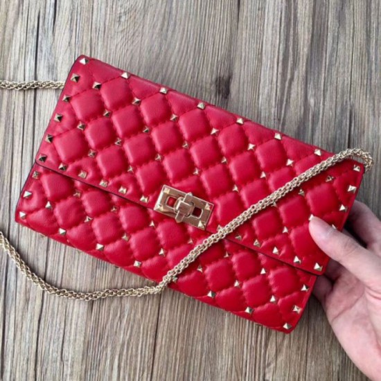 Fake Valentino Rockstud Spike Chain Clutch Red Lambskin Replica