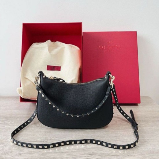 Fake Valentino Rockstud Small Hobo Bag Black Grainy Calfskin Replica