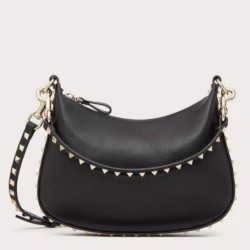 Fake Valentino Rockstud Small Hobo Bag Black Grainy Calfskin Replica