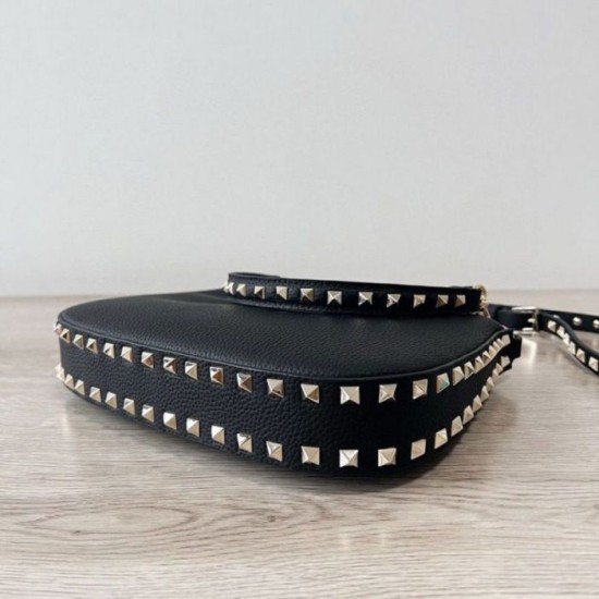 Fake Valentino Rockstud Small Hobo Bag Black Grainy Calfskin Replica