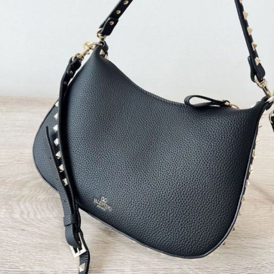 Fake Valentino Rockstud Small Hobo Bag Black Grainy Calfskin Replica
