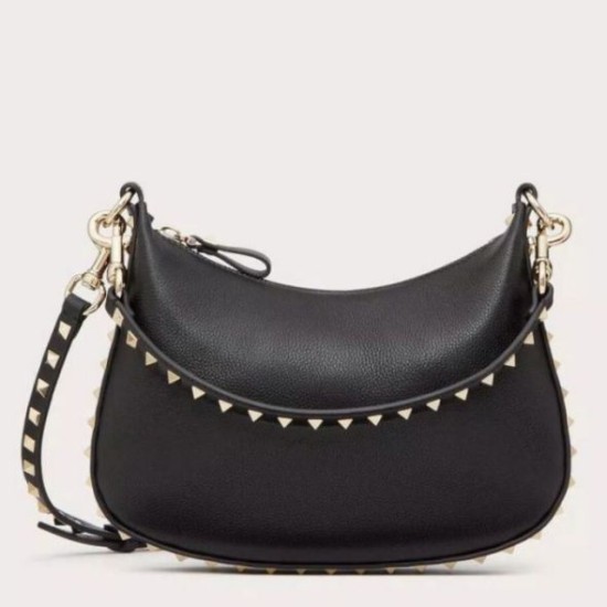 Fake Valentino Rockstud Small Hobo Bag Black Grainy Calfskin Replica