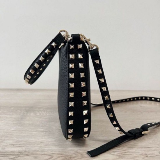 Fake Valentino Rockstud Small Hobo Bag Black Grainy Calfskin Replica