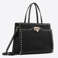 Replica Valentino Black Medium Rockstud Top Handle Bag