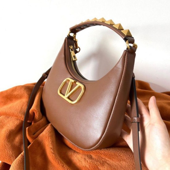 Replica Valentino Stud Sign Hobo Bag Dark Brown Calfskin
