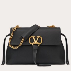 Fake Valentino Medium VRing Chain Bag Black Grainy Calfskin Replica