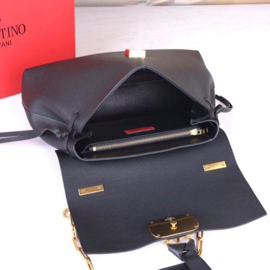 Fake Valentino Medium VRing Chain Bag Black Grainy Calfskin Replica