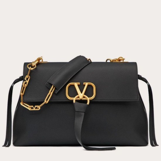 Fake Valentino Medium VRing Chain Bag Black Grainy Calfskin Replica