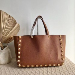 Fake Valentino Roman Stud Tote Bag Brown Grainy Calfskin Replica