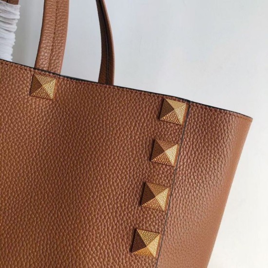 Fake Valentino Roman Stud Tote Bag Brown Grainy Calfskin Replica Fake Valentino Roman Stud Tote Bag Brown Grainy Calfskin Replica