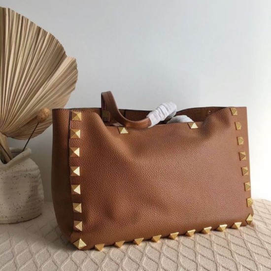 Fake Valentino Roman Stud Tote Bag Brown Grainy Calfskin Replica Fake Valentino Roman Stud Tote Bag Brown Grainy Calfskin Replica