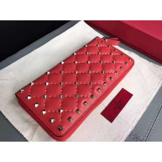 Fake Valentino Rockstud Spike Zip Wallet Red Lambskin Replica