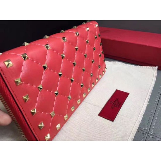 Fake Valentino Rockstud Spike Zip Wallet Red Lambskin Replica