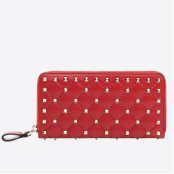 Fake Valentino Rockstud Spike Zip Wallet Red Lambskin Replica