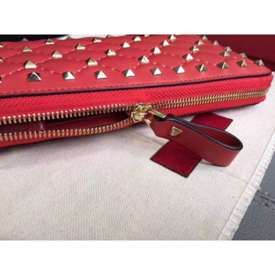 Fake Valentino Rockstud Spike Zip Wallet Red Lambskin Replica