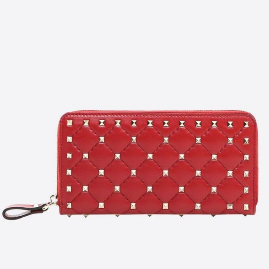 Fake Valentino Rockstud Spike Zip Wallet Red Lambskin Replica