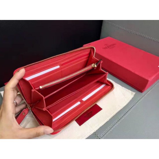 Fake Valentino Rockstud Spike Zip Wallet Red Lambskin Replica