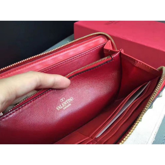 Fake Valentino Rockstud Spike Zip Wallet Red Lambskin Replica