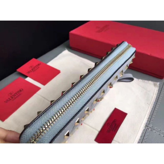 Replica Valentino Rockstud Spike Zip Wallet Sky Blue Lambskin