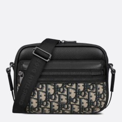 Replica Dior Mini Rider 2.0 Zipped Messenger Bag in Beige Oblique with Black Leather