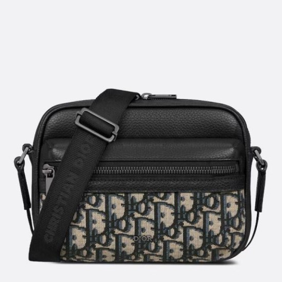 Replica Dior Mini Rider 2.0 Zipped Messenger Bag in Beige Oblique with Black Leather