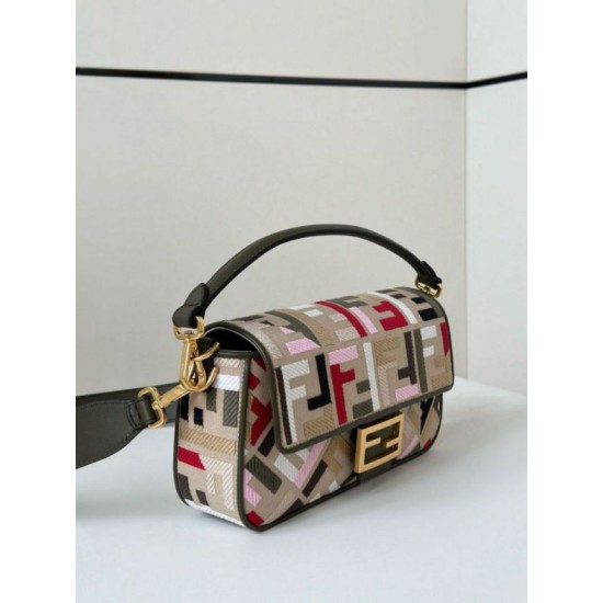 Fake Fendi Baguette Medium Bag in Canvas with Multicolor FF Embroidery Replica