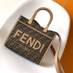 Replica Fendi Sunshine Small Tote Bag in Brown FF Jacquard Fabric