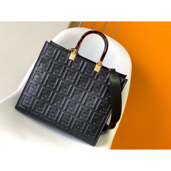 Replica Fendi Sunshine Medium Tote Bag In Black FF Calfskin