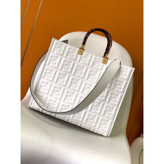 Replica Fendi Sunshine Medium Tote Bag In White FF Calfskin