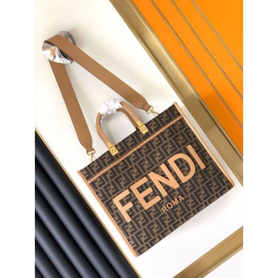 Replica Fendi Sunshine Medium Tote Bag in Brown FF Jacquard Fabric