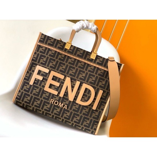 Replica Fendi Sunshine Medium Tote Bag in Brown FF Jacquard Fabric