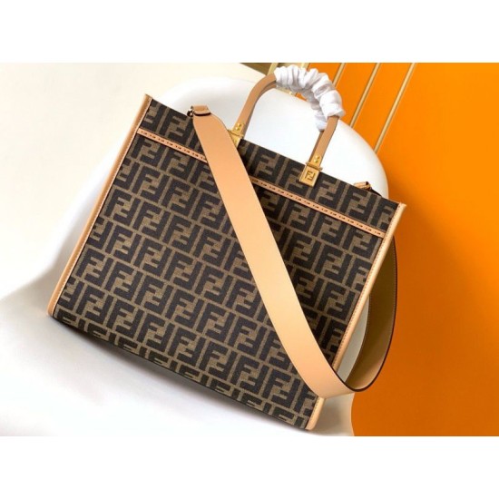 Replica Fendi Sunshine Medium Tote Bag in Brown FF Jacquard Fabric