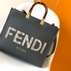 Replica Fendi Sunshine Medium Tote Bag in Black Leather with Python Logo
