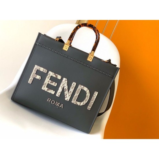 Replica Fendi Sunshine Medium Tote Bag in Black Leather with Python Logo