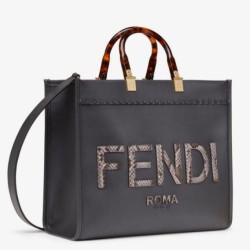 Replica Fendi Sunshine Medium Tote Bag in Black Leather with Python Logo