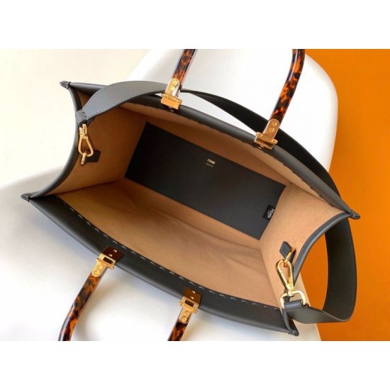 Replica Fendi Sunshine Medium Tote Bag in Black Leather with Python Logo