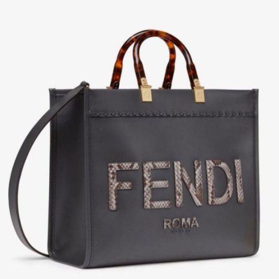 Replica Fendi Sunshine Medium Tote Bag in Black Leather with Python Logo