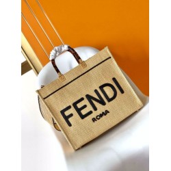 Replica Fendi Sunshine Medium Tote Bag in Black and Natural Straw