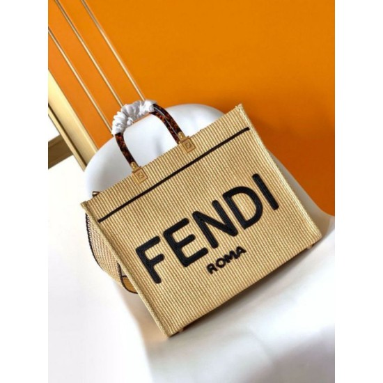 Replica Fendi Sunshine Medium Tote Bag in Black and Natural Straw