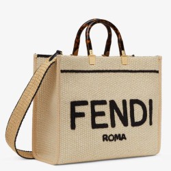 Replica Fendi Sunshine Medium Tote Bag in Black and Natural Straw