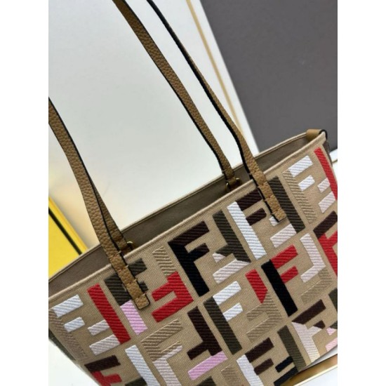 Fake Fendi Small Roll Tote in Canvas with Multicolor FF Embroidery Replica