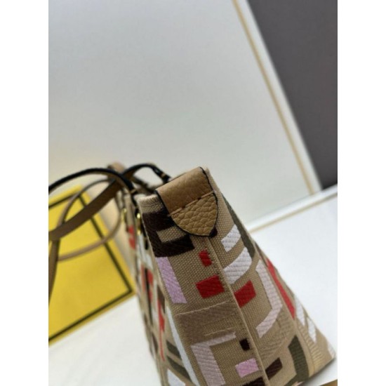 Fake Fendi Small Roll Tote in Canvas with Multicolor FF Embroidery Replica