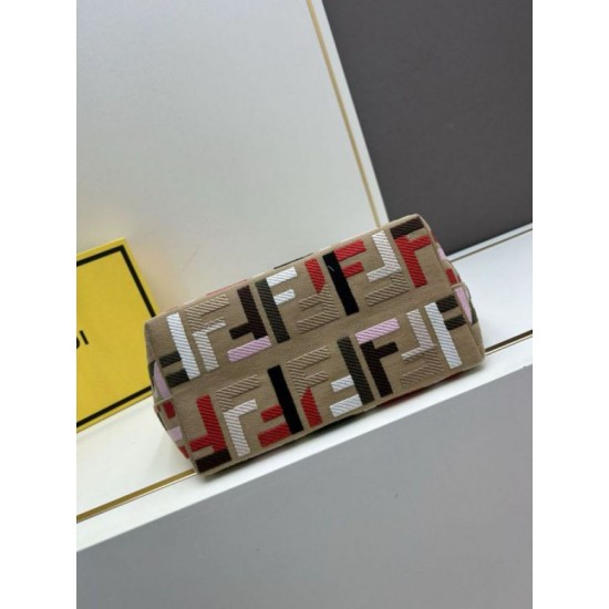 Fake Fendi Small Roll Tote in Canvas with Multicolor FF Embroidery Replica
