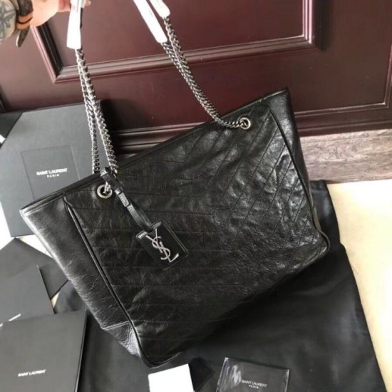Fake Saint Laurent Niki Shopping Bag In Black Crinkled Calfskin Replica Replica Saint Laurent Niki Shopping Bag In Black Crinkled Calfskin