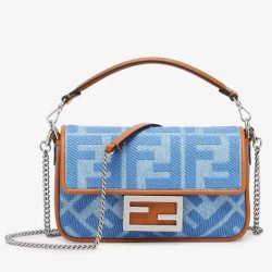 Replica Fendi Baguette Mini Bag Denim with FF Embroidery
