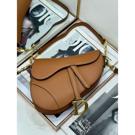 Replica Dior Saddle Bag with Strap in Brown Grained Calfskin